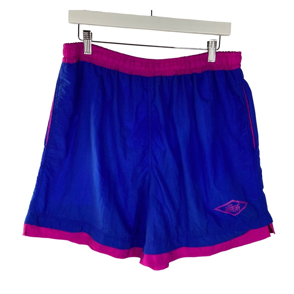 Vintage Surf Odyssey Mens Swim Trunks Blue Pink Nylon Shorts Large Retro